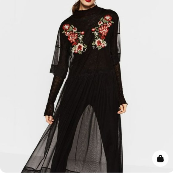 Sheer Long Zara Mesh Black Embroidered Floral Midi Dress, new - Picture 4 of 10